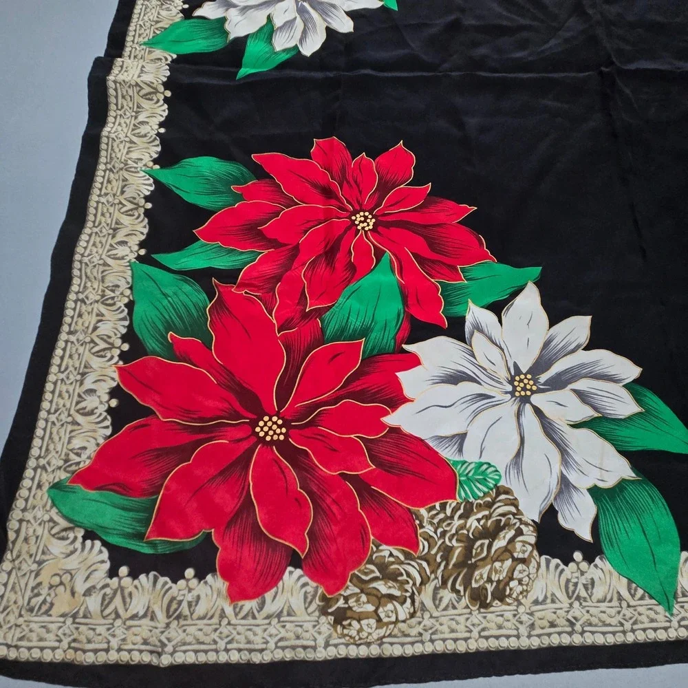 Vintage Christmas Poinsettia Floral Scarf 35x33 Black Red White Holiday Poly